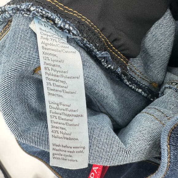 Spanx Medium Wash Distressed Denim Ankle Leggings Womens Small Mid Rise Raw Hem - Picture 9 of 12